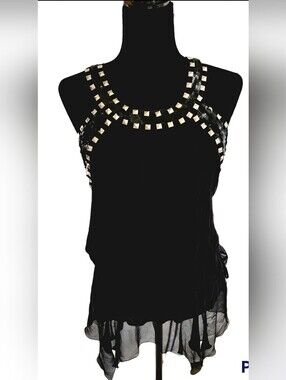 Hannah Jo 100% Silk Studded Sequin Tank Top Black Whimsigoth Ruffle Hem Size M